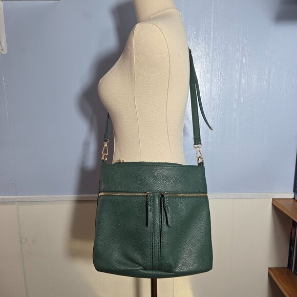 Moda Luxe Pebbled Green Faux Leather Gold Double Zipper Crossbody Shoulder Bag - Picture 1 of 15